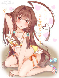 Rule 34 | 10s, 1girl, ahoge, antenna hair, arm up, bare shoulders, bikini, blush, braid, breasts, brown eyes, brown hair, collarbone, flower, frilled bikini, frills, hair flower, hair ornament, hand in own hair, heart, heart ahoge, huge ahoge, jewelry, kantai collection, ko yu, kuma (kancolle), leaning forward, long hair, looking at viewer, medium breasts, open mouth, ring, sandals, sitting, solo, swimsuit, translation request, twitter username, wedding band