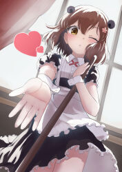 Rule 34 | 1girl, alternate costume, apron, black dress, brown eyes, brown hair, cherry blossoms, cowboy shot, dress, enmaided, flower, frilled dress, frills, hair flower, hair ornament, heart, highres, kantai collection, maid, maid apron, one eye closed, puffy short sleeves, puffy sleeves, short dress, short hair, short sleeves, solo, speaking tube headset, standing, white apron, white wrist cuffs, wrist cuffs, yuki 4040, yukikaze (kancolle), yukikaze kai ni (kancolle)