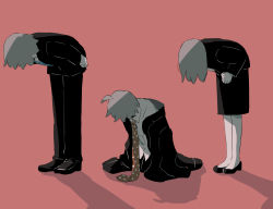 Rule 34 | 1girl, 2boys, absurdres, ahoge, apologizing, arms at sides, avogado6, bent over, black footwear, black jacket, black pants, black skirt, blue neckwear, business suit, child, family, formal, grey hair, highres, jacket, medium hair, multiple boys, necktie, original, oversized clothes, own hands together, pants, polka dot neckwear, red background, red neckwear, shirt, shoes, simple background, skirt, sleeves past fingers, sleeves past wrists, suit, symbolism, white shirt