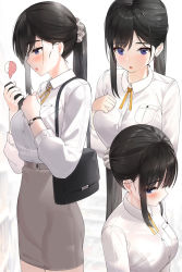 Rule 34 | 1girl, bag, black hair, blush, breast pocket, buttons, collared shirt, commentary request, grey skirt, highres, kfr, long hair, looking at viewer, multiple views, neck ribbon, original, parted lips, pencil skirt, pocket, ponytail, purple eyes, ribbon, shirt, skirt, sleeves past elbows, watch, white shirt, wristwatch, yellow neckwear