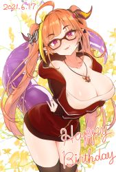 Rule 34 | 1girl, ahoge, black bow, black thighhighs, blonde hair, blush, bow, breast hold, breasts, brooch, cleavage, collarbone, crossed arms, dated, dragon girl, dragon horns, dragon tail, fang, glasses, hair bow, happy birthday, head tilt, highres, hololive, horn bow, horn ornament, horns, houshou marine (artist), jacket, jewelry, kiryu coco, kiryu coco (loungewear), large breasts, long hair, looking at viewer, multicolored hair, necklace, off shoulder, official alternate costume, open clothes, open jacket, orange hair, parted lips, pointy ears, red eyes, red jacket, sagging breasts, shirt, simple background, skin fang, smile, solo, streaked hair, tail, thighhighs, twintails, two-tone hair, virtual youtuber, white background, white shirt