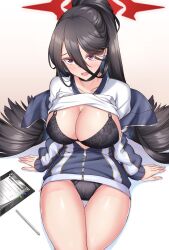 Rule 34 | 1girl, black bra, black choker, black hair, black panties, blue archive, blush, bra, breasts, choker, cleavage, clipboard, clothes lift, commentary, floral print, gym shirt, gym uniform, hair between eyes, halo, hasumi (blue archive), hasumi (track) (blue archive), jacket, large breasts, long hair, long sleeves, looking at viewer, mole, mole under eye, no pants, off shoulder, official alternate costume, open mouth, panties, partially unzipped, pen, ponytail, print bra, red eyes, shadow, shirokuma a, shirt, shirt lift, sitting, smile, solo, thigh gap, track jacket, underwear, very long hair, white shirt