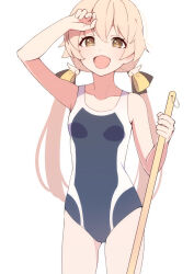 Rule 34 | 1girl, :o, afnroll, arm at side, barefoot, black ribbon, blue archive, blue one-piece swimsuit, blush, breasts, broom, clenched hand, collarbone, commentary request, competition school swimsuit, covered navel, double-parted bangs, dripping, emblem, feet, groin, hair between eyes, hair flaps, hair ribbon, halo, hand up, hifumi (blue archive), hifumi (swimsuit) (blue archive), highres, holding, holding towel, leg up, legs, light brown hair, long hair, looking at viewer, low twintails, one-piece swimsuit, ribbon, round teeth, school swimsuit, simple background, slim legs, small breasts, solo, standing, standing on one leg, straight-on, swimsuit, teeth, tile floor, tiles, toenails, toes, towel, trinity general school swimsuit, twintails, upper body, upper teeth only, wet, wet clothes, wet hair, wet swimsuit, white background, wing hair ornament, yellow eyes, yellow ribbon