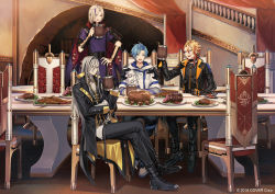 Rule 34 | 4boys, :d, amaichi esora, arch, armor, ascot, axel syrios, beer mug, belt, black belt, black coat, black footwear, black gloves, black hair, black jacket, black pants, black shirt, black vest, blonde hair, blue hair, boots, braid, brick floor, brooch, chain, chair, cloak, coat, coattails, collar, copyright notice, crossed legs, cup, curtained hair, dining room, ear piercing, fish (food), food, full body, glasses, gloves, gradient hair, grey hair, hair between eyes, halo, hand on own arm, hand on own hip, hand up, high collar, holding, holding cup, holostars, holostars english, hood, hoodie, indoors, jacket, jewelry, lapels, long hair, looking at another, magni dezmond, male focus, meat, mug, multicolored hair, multiple boys, nail polish, noir vesper, noir vesper (old design), notched lapels, official art, open mouth, orange hair, oxfords, pants, piercing, plate, purple cloak, purple nails, purple robe, red hair, regis altare, robe, shirt, short hair, shoulder armor, side braid, sitting, smile, stairs, standing, streaked hair, table, torn clothes, torn pants, turtleneck, two-sided fabric, vambraces, vest, virtual youtuber, white ascot, white footwear, white hoodie, white shirt