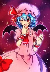 Rule 34 | 1girl, ;d, bad id, bad pixiv id, bat wings, blue hair, bow, fang, female focus, hand up, hat, highres, one eye closed, open mouth, red eyes, remilia scarlet, smile, solo, touhou, tyeinn-suineryuu, wings, wink, wrist cuffs