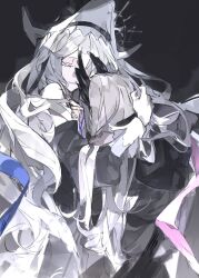 Rule 34 | arknights, blood, blood on hands, blue blood, blue ribbon, colored eyelashes, commentary, grey background, grey hair, head wings, highres, hug, irene (arknights), long hair, long sleeves, paopp9961, pink ribbon, pointy hat, ribbon, specter (arknights), specter the unchained (arknights), symbol-only commentary, white hair, wings, yuri