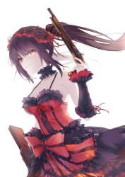 1girl antique_firearm bare_shoulders black_hair breasts cleavage clock_eyes date_a_live dress firearm firelock flintlock frilled_dress frills gun hairband heterochromia highres iceray_0611 lolita_fashion lolita_hairband long_hair looking_at_viewer medium_breasts red_dress red_eyes smile solo symbol-shaped_pupils tokisaki_kurumi twintails two-tone_dress weapon yellow_eyes