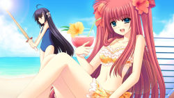 Rule 34 | 2girls, :d, ahoge, beach, bikini, bikini skirt, black hair, blue eyes, blue one-piece swimsuit, blush, bow, breasts, brown eyes, chair, cleavage, cloud, collarbone, covered navel, day, drink, drinking straw, fighting stance, fingernails, flower, frilled bikini, frills, from side, game cg, hair bow, hair flower, hair ornament, hair rings, half updo, hananomiya ako, happy, hibiscus, holding, holding weapon, knees up, lens flare, long fingernails, long hair, looking at viewer, looking to the side, lounge chair, multiple girls, navel, nishimata aoi, ocean, one-piece swimsuit, open mouth, orange bikini, outdoors, print bikini, profile, purple eyes, red hair, sekai seifuku kanojo, serious, shinai, sidelocks, sitting, sky, small breasts, smile, standing, sun, swimsuit, sword, two side up, very long hair, water, weapon, yamio yumeko