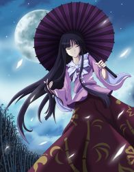 Rule 34 | 1girl, absurdres, bamboo, bamboo forest, black hair, dress, closed eyes, female focus, forest, full moon, highres, hime cut, houraisan kaguya, japanese clothes, long hair, moon, nature, night, oil-paper umbrella, solo, star (sky), touhou, umbrella, zqhzx