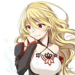 Rule 34 | 1girl, bad id, bad pixiv id, bare shoulders, blonde hair, closed mouth, collarbone, detached sleeves, long hair, maruishi, milla (fractured), red eyes, smile, solo, tales of (series), tales of xillia, tales of xillia 2, white background