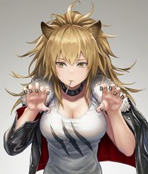 Rule 34 | 1girl, anbe yoshirou, animal ears, arknights, black jacket, black nails, blonde hair, breasts, claw pose, cleavage, collar, collarbone, fur collar, hair between eyes, hands up, highres, jacket, large breasts, lion ears, long hair, looking to the side, mouth hold, nail polish, open clothes, open jacket, ponytail, shirt, siege (arknights), sleeveless, sleeveless shirt, solo, upper body, white shirt, yellow eyes