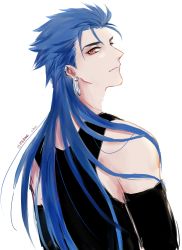 Rule 34 | 1boy, absurdres, back, blue hair, chiritaros, closed mouth, cu chulainn (fate), cu chulainn (caster) (fate), earrings, fate/grand order, fate (series), from behind, highres, jewelry, cu chulainn (fate/stay night), long hair, looking at viewer, looking back, male focus, multiple piercings, red eyes, simple background, slit pupils, smile, solo, spiked hair, tank top, type-moon, white background