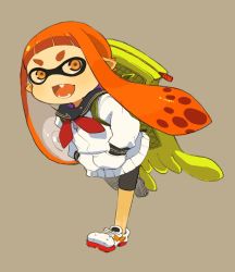 Rule 34 | 1girl, bike shorts, fangs, full body, hands in pockets, inkling, inkling girl, inkling player character, long hair, looking at viewer, mask, mota, nintendo, open mouth, orange hair, pointy ears, shoes, simple background, smile, sneakers, solo, splatoon (series), standing, tentacle hair