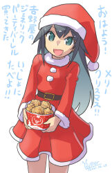 Rule 34 | 1girl, :d, artist name, belt, black belt, black eyes, black hair, bucket, chicken (food), christmas, commentary, cowboy shot, dated, dress, food, fur-trimmed dress, fur trim, hat, highres, holding, holding food, long hair, long sleeves, looking at viewer, merry christmas, niizuma iroha, open mouth, oyster (artist), red dress, red hat, santa dress, santa hat, shinkon no iroha-san, short dress, signature, simple background, smile, solo, standing, translated, white background