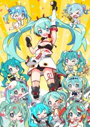 Rule 34 | 1girl, aqua eyes, aqua hair, bare shoulders, boots, breasts, elbow gloves, full body, fuusen neko, gloves, goodsmile racing, hatsune miku, headphones, headset, highres, long hair, looking at viewer, multiple views, open mouth, race queen, racing miku, skirt, small breasts, smile, tagme, thigh boots, thighhighs, twintails, very long hair, vocaloid