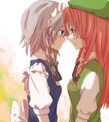 Rule 34 | 2girls, bad id, bad pixiv id, blue eyes, blush, braid, couple, embodiment of scarlet devil, eye contact, face-to-face, female focus, forehead-to-forehead, green eyes, grey hair, hat, heads together, hong meiling, imminent kiss, izayoi sakuya, long hair, looking at another, maid headdress, multiple girls, profile, red hair, short hair, short sleeves, smile, sou (tuhut), touhou, twin braids, yuri