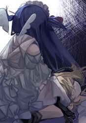 Rule 34 | 1boy, 1girl, black gloves, blonde hair, blue hair, closed eyes, creator connection, dress, facing away, frill inferno, gloves, long hair, long sleeves, looking at another, maid headdress, pppppp, sitting, sonoda lucky, sunabata tsubame, tai sekaiyou mahou shoujo tsubame, white dress, white wings, wings