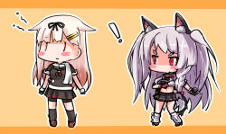 Rule 34 | !, 2girls, :3, animal ears, azur lane, blush stickers, bow, braid, chibi, commentary request, crossover, hair bow, hair flaps, hair ornament, hair ribbon, hairclip, historical name connection, kantai collection, light brown hair, long hair, machinery, multiple girls, name connection, navel, paw print, pleated skirt, red eyes, ribbon, scarf, school uniform, serafuku, silver hair, single braid, skirt, tail, thick eyebrows, turret, two side up, wolf ears, wolf tail, yagami kamiya, yuudachi (azur lane), yuudachi (kancolle)