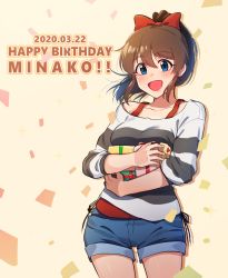 Rule 34 | 1girl, :d, blue eyes, blue shorts, bow, brown hair, character name, dated, denim, denim shorts, english text, facing viewer, gift, grey shirt, hair bow, happy birthday, holding, holding gift, idolmaster, idolmaster million live!, kamille (vcx68), layered clothes, long sleeves, looking at viewer, medium hair, open mouth, ponytail, red bow, red shirt, satake minako, shirt, short shorts, shorts, smile, solo, standing, striped clothes, striped shirt, tank top