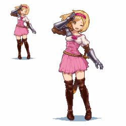 Rule 34 | 10s, 1girl, ;d, belt, blonde hair, blush, boots, brown eyes, brown footwear, djeeta (granblue fantasy), dress, fighter (granblue fantasy), gauntlets, granblue fantasy, hairband, one eye closed, open mouth, pink dress, pixel art, sheath, sheathed, shirosu, short hair, simple background, smile, solo, sword, thigh boots, thighhighs, weapon, white background