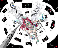 Rule 34 | 1990s (style), 1girl, blue eyes, blush, breasts, corrector yui, digital dissolve, female focus, hat, kisaragi haruna, long hair, panties, red hair, skirt, solo, staff, tentacles, torn clothes, underwear, weapon, white background, wings