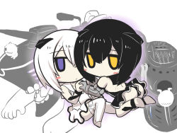 Rule 34 | 10s, 2girls, abyssal ship, abyssal twin princess (black), backless dress, backless outfit, black hair, blush stickers, chibi, dress, elbow gloves, gloves, goma (gomasamune), hair between eyes, hair ornament, holding hands, highres, kantai collection, kneeling, looking at viewer, multiple girls, night strait princess (white), purple eyes, rigging, short hair, siblings, sitting, sleeveless, sleeveless dress, teeth, thighhighs, twins, white background, white hair, yellow eyes