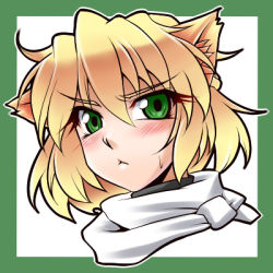 Rule 34 | 1girl, :&lt;, animal ears, blonde hair, cat ears, closed mouth, commentary request, green background, green eyes, hair between eyes, kemonomimi mode, looking at viewer, lowres, mizuhashi parsee, ootsuki wataru, pointy ears, portrait, scarf, short hair, solo, touhou, two-tone background, white background, white scarf