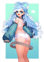 Rule 34 | 1girl, ass, back, bad link, blue eyes, blue hair, bra, cloud, colored tips, dress, highres, hololive, hololive indonesia, kobo kanaeru, long hair, long sleeves, looking at viewer, multicolored hair, notte, panties, see-through, see-through dress, simple background, smile, tagme, underwear, very long hair, virtual youtuber, wedgie, white bra, white panties