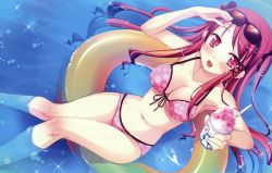Rule 34 | 1girl, :d, afloat, arm up, bikini, breasts, cleavage, eyewear on head, food, front-tie top, highres, hinomiya ayari, innertube, ko~cha, long hair, navel, official art, open mouth, partially submerged, pink bikini, polka dot, polka dot bikini, polka dot swimsuit, red eyes, red hair, rotated, scan, shaved ice, smile, solo, sunglasses, swim ring, swimsuit, water, witch&#039;s garden