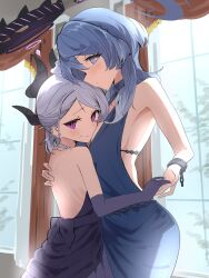 Rule 34 | 2girls, absurdres, ako (blue archive), ako (dress) (blue archive), backless dress, backless outfit, black horns, blue archive, blue dress, blue eyes, blue hair, blush, breasts, demon horns, dress, elbow gloves, gloves, halo, highres, hina (blue archive), hina (dress) (blue archive), hiyayakko (jfky2528), horns, long hair, medium breasts, multiple girls, official alternate costume, purple dress, purple eyes, purple gloves, strapless, strapless dress, white hair