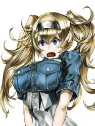 Rule 34 | 1girl, blonde hair, blue eyes, breast pocket, corset, denim, denim jacket, gambier bay (kancolle), headband, headgear, jacket, kantai collection, kurou (bcrow), long hair, open mouth, pocket, shirt, short sleeves, simple background, solo, tagme, twintails, white background, wide-eyed