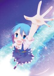 Rule 34 | 1girl, blue eyes, blue hair, blush, bow, cirno, from above, hair bow, hand up, hinata ichi, matching hair/eyes, open hand, open mouth, short hair, solo, touhou