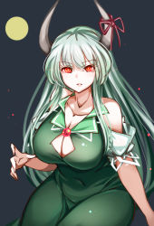 Rule 34 | 1girl, breasts, cleavage cutout, clothing cutout, cowboy shot, dress, ex-keine, full moon, green dress, green hair, horn ornament, horn ribbon, horns, kamishirasawa keine, large breasts, light particles, long hair, looking at viewer, moon, night, night sky, off-shoulder dress, off shoulder, raptor7, red eyes, red neckwear, ribbon, sky, solo, touhou, v-shaped eyebrows, yellow moon