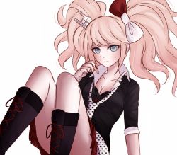 Rule 34 | 1girl, black footwear, black shirt, blue eyes, blush, boots, bow, breasts, cleavage, collarbone, commentary, cosplay, cross-laced footwear, danganronpa: trigger happy havoc, danganronpa (series), enoshima junko, enoshima junko (cosplay), feet out of frame, freckles, hair bow, hair ornament, ikusaba mukuro, knee boots, ktokei (kurokku-tokei), lace-up boots, long hair, looking at viewer, medium breasts, miniskirt, nail polish, necktie, official style, pink hair, pleated skirt, rabbit hair ornament, red bow, red nails, red skirt, shirt, simple background, sitting, sketch, skirt, sleeves rolled up, solo, spoilers, twintails, white background, white bow, white necktie