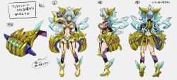 Rule 34 | 1girl, ahoge, blue hair, boots, breasts, cagliostro (symphogear), character sheet, cleavage, clothing cutout, commentary request, dated, from behind, full body, garter straps, grey background, headgear, high heel boots, high heels, large breasts, long hair, multiple views, nail polish, navel, navel cutout, official art, profile, purple eyes, senki zesshou symphogear, senki zesshou symphogear xd unlimited, simple background, translation request, twintails