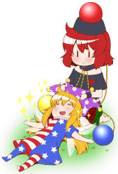 Rule 34 | 2girls, = =, american flag dress, american flag legwear, bare legs, bare shoulders, black shirt, blonde hair, chain, chibi, choker, closed eyes, clownpiece, dress, eichi yuu, fairy, fairy wings, happy, hat, hecatia lapislazuli, jester cap, lap pillow, long hair, lying, miniskirt, multicolored clothes, multicolored skirt, multiple girls, neck ruff, off-shoulder shirt, off shoulder, on back, open mouth, outstretched arms, pantyhose, plaid, plaid skirt, red hair, seiza, shirt, short dress, short sleeves, sitting, skirt, striped clothes, striped pantyhose, t-shirt, touhou, wings, | |
