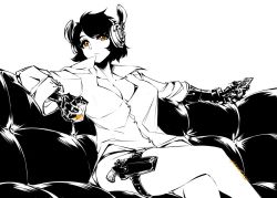 Rule 34 | 1girl, andyface, breasts, cleavage, crossed legs, cup, drinking glass, eyelashes, gauntlets, headphones, holding, holding cup, holster, large breasts, looking at viewer, orange eyes, original, reclining, shirt, solo, spot color, thigh strap