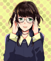 Rule 34 | 1girl, :d, akishima, black hair, blue shirt, cross, cuff links, glasses, green eyes, hands up, jewelry, long sleeves, looking at viewer, necklace, open mouth, original, shirt, short hair, smile, solo, twintails, upper body, yellow background