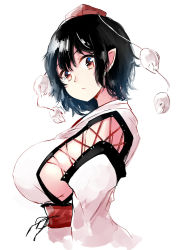 Rule 34 | 1girl, :/, black hair, breasts, covered erect nipples, cross-laced clothes, deetamu, hat, highres, japanese clothes, kourindou tengu costume, large breasts, long sleeves, looking at viewer, obi, obijime, pointy ears, pom pom (clothes), red eyes, sash, shameimaru aya, short hair, sideboob, simple background, solo, tokin hat, touhou, upper body, white background