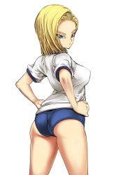 Rule 34 | 1girl, android 18, ass, blonde hair, blue eyes, breasts, buruma, dragon ball, gym uniform, highres, large breasts, leopard (artist), short hair, thighs