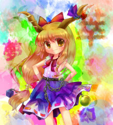 Rule 34 | 1girl, bare shoulders, blonde hair, blue dress, bow, bowtie, chain, contrapposto, cowboy shot, dress, female focus, hair bow, hands on own hips, horn ornament, horns, ibuki suika, looking at viewer, oni, red bow, red bowtie, sakurano, solo, standing, touhou, yellow eyes