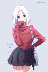 Rule 34 | 1girl, bag, black skirt, blue eyes, bob cut, dated, gradient hair, grey background, hand on own hip, hand up, handbag, highres, long sleeves, looking at viewer, multicolored hair, nii manabu, original, red sweater, short hair, signature, simple background, skirt, solo, standing, sweater, turtleneck, turtleneck sweater, white hair