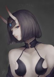 Rule 34 | 1girl, bob cut, breasts, character name, closed mouth, expressionless, eyeshadow, fate/grand order, fate (series), grey background, head tilt, headpiece, highres, horns, japanese clothes, kimono, looking at viewer, makeup, marumoru, open clothes, open kimono, pale skin, purple eyes, purple hair, purple kimono, revealing clothes, short hair, shuten douji (fate), signature, skin-covered horns, small breasts, solo, upper body