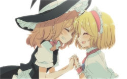 Rule 34 | 2girls, alice margatroid, aoi (annbi), blonde hair, blush, capelet, closed eyes, forehead-to-forehead, grin, hairband, hat, heads together, holding hands, interlocked fingers, kirisame marisa, lolita hairband, multiple girls, open mouth, puffy short sleeves, puffy sleeves, shirt, short sleeves, simple background, skirt, skirt set, smile, touhou, vest, witch hat, wrist cuffs, yuri