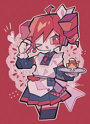 Rule 34 | 1girl, apron, black skirt, blush, detached sleeves, food, kasane teto, looking at viewer, mid (doa 3d), pudding, red eyes, red hair, skirt, twintails, utau, white apron