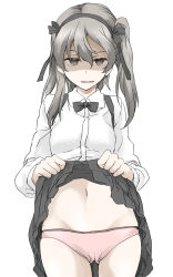 Rule 34 | 1girl, black bow, black bowtie, black skirt, bow, bowtie, brown eyes, casual, clothes lift, collared shirt, commentary, crotch seam, disgust, elf (stroll in the woods), frown, girls und panzer, glaring, half-closed eyes, high-waist skirt, highres, iya na kao sare nagara opantsu misete moraitai, lifted by self, light brown hair, long hair, long sleeves, looking at viewer, navel, one side up, open mouth, panties, pink panties, shaded face, shimada arisu, shirt, shirt lift, simple background, skirt, skirt lift, solo, standing, suspender skirt, suspenders, textless version, underwear, white background, white shirt