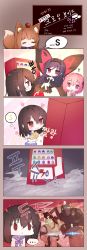 Rule 34 | ..., 4girls, 4koma, :d, :o, absurdres, animal ear fluff, animal ears, apple, bad id, bad twitter id, bare shoulders, black dress, black gloves, black hair, blue sailor collar, blue skirt, blush, brown hair, closed eyes, closed mouth, comic, copyright request, dress, elbow gloves, face of the people who sank all their money into the fx (meme), fairy wings, food, food on head, fox ears, fox girl, fox tail, fruit, gloves, grenade launcher, gun, hair between eyes, highres, himeragi yukina, holding, holding gun, holding weapon, korean text, lightning bolt symbol, meme, milkor mgl, multiple girls, object on head, open mouth, parted lips, pink hair, plaid, plaid skirt, pleated skirt, profile, purple hair, red apple, red eyes, revolver grenade launcher, robot, saikai academy school uniform, sailor collar, school uniform, shirt, short sleeves, skirt, smile, spoken ellipsis, strapless, strapless dress, strike the blood, tail, tandohark, translation request, vending machine, weapon, white shirt, wings