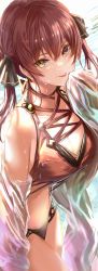 Rule 34 | 1girl, :p, absurdres, bad id, bad twitter id, bare shoulders, bikini, blush, breasts, choker, cleavage, hair ribbon, heterochromia, highres, holding, hololive, houshou marine, large breasts, long hair, looking at viewer, red bikini, red eyes, red hair, ribbon, smile, solo, stomach, swimsuit, tongue, tongue out, twintails, virtual youtuber, wet, yatsuka (846), yellow eyes
