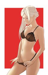 Rule 34 | 1girl, black panties, bra, breasts, commentary, edelgard von hresvelg, english commentary, fire emblem, fire emblem: three houses, highres, lingerie, long hair, medium breasts, nintendo, panties, panty pull, pink eyes, pomelomelon, side ponytail, solo, underwear, underwear only, white hair
