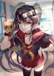 Rule 34 | 1girl, animal, animal ears, animal on shoulder, black choker, black hair, black shirt, black thighhighs, blurry, breasts, choker, cleavage, depth of field, hand on own hip, hand up, highres, long hair, looking at viewer, multicolored hair, neckerchief, parted lips, pleated skirt, red sailor collar, red skirt, sailor collar, school uniform, serafuku, shirt, short sleeves, skirt, small breasts, smile, solo, streaked hair, thighhighs, tower of saviors, vardan, very long hair, yellow eyes, yellow neckerchief, zettai ryouiki